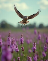 Wall Mural - a bird flying over a field of purple flowers