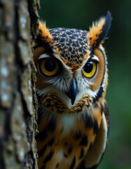 Wall Mural - a close up of an owl peeking out from behind a tree