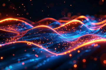 Wall Mural - dynamic abstract waveform of glowing particles and energy lines in a futuristic digital landscape wi