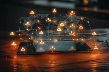 Wall Mural - futuristic global communication network concept with glowing digital user icons connected via mobile