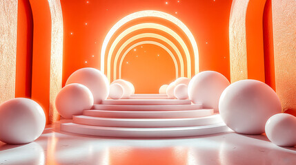 Wall Mural - large archway with white balls and a red background. the archway is curved and the balls are scatter