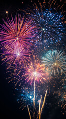 wonderful vivid fireworks exploding on background of black night sky