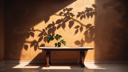 Wall Mural - shadows of leaves cast by sunlight illuminate a rustic wooden table in a warm-toned room