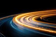 © Sarinya - Dynamic motion blur of golden light trails on dark asphalt surface creating a futuristic abstract scene