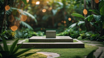 Wall Mural - serene garden area with a stone pedestal surrounded by lush greenery and soft lighting in the late a