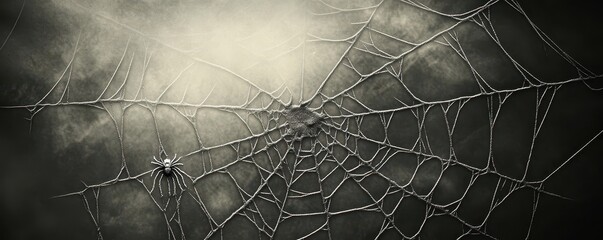 A delicate spider web glistens in the morning dew, intricately woven with shimmering threads. A small spider, poised in the center, adds a touch of life to this natural masterpiece.