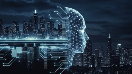Digital Transformation: A visionary digital artwork seamlessly merges the silhouette of a human head composed of interconnected circuit lines with a cityscape.