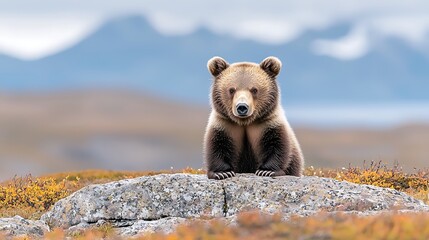 Wall Mural - bear cub on a rocky outcrop