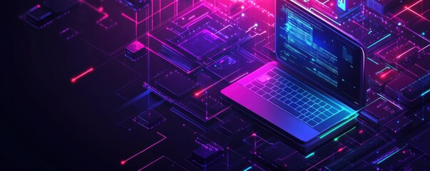 A vibrant, digital scene featuring a laptop surrounded by colorful circuitry and code, representing technology and innovation.