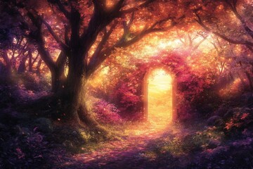 Poster - Enchanting landscape depicting a magical doorway in a vibrant autumn forest at sunset