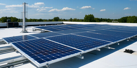 Elevated solar panel array installed on commercial roof Generative AI