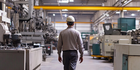 Poster - Worker walking through factory hall in industrial setting Generative AI