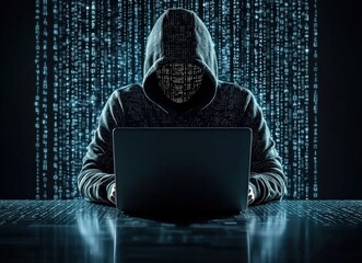Aufkleber - Hacker in hoodie and mask programming a cyber attack with laptop and binary code