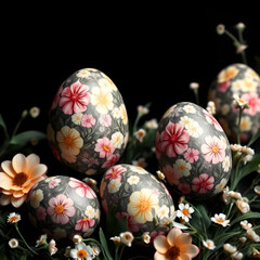 Wall Mural - Easter eggs decorated with flower ornament on black background