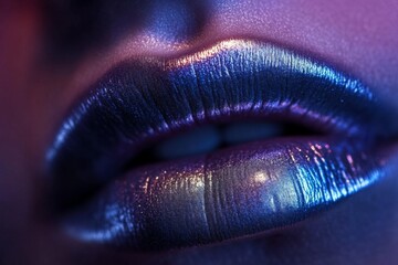 Poster - Glossy lips with multicolored shimmer under dramatic lighting in a close-up shot