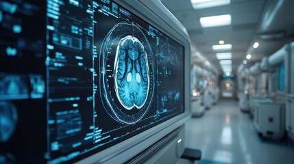 A hospital using AI-assisted radiology, advanced imaging technology analyzing MRI scans