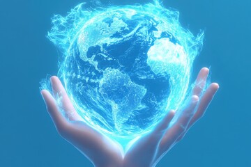 glowing blue earth held in human hand