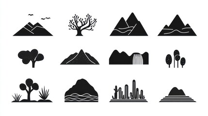 Desert landscape icons; mountains, trees, cacti; background design, website