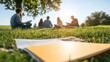 © SerPak - Group of young adults enjoying picnic in sunny park setting.