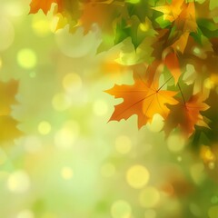 Aufkleber - Autumnal Equinox: Golden Maple Leaves with Bokeh Lights on Green and Yellow Background