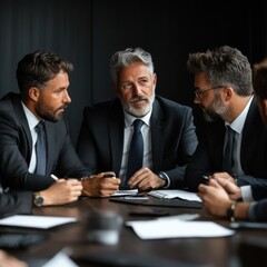 Poster - A group of men in suits are sitting around a table, looking at each other