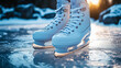 © Людмила Мазур - Pair of skates are on a frozen lake. The skates are white and the ice is clear