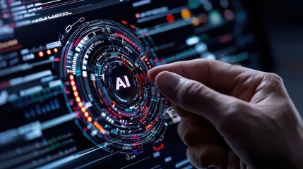 Leinwandbilder - A hand is pointing at a glowing circle with the letters AI on it