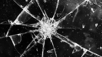 Broken glass surface isolated on black background.
