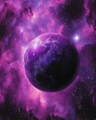 Wall Mural - Ethereal Purple Planet Floating Amidst a Vibrant Nebula in the Vast Expanse of Deep Space Cosmos