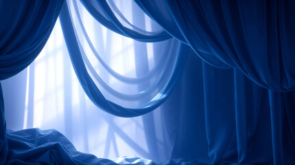 Poster - Blue curtain covering window with soft light coming through