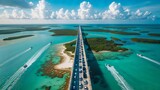 Seven Mile Bridge, Florida Keys: Aerial View of Turquoise Waters, Islands, and Highway Traffic on Scenic Overseas Highway
