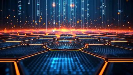 Futuristic hexagonal grid network with digital data streams.