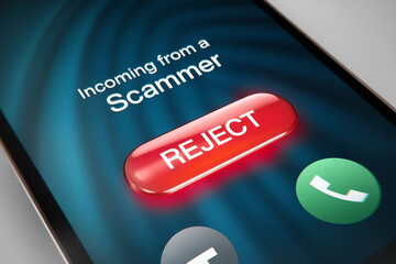 Smartphone screen displays incoming call from scammer, red 
