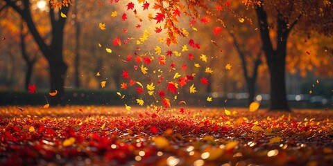Wall Mural - vibrant autumn leaves fall gracefully as the sun sets in a tranquil park during the golden hour