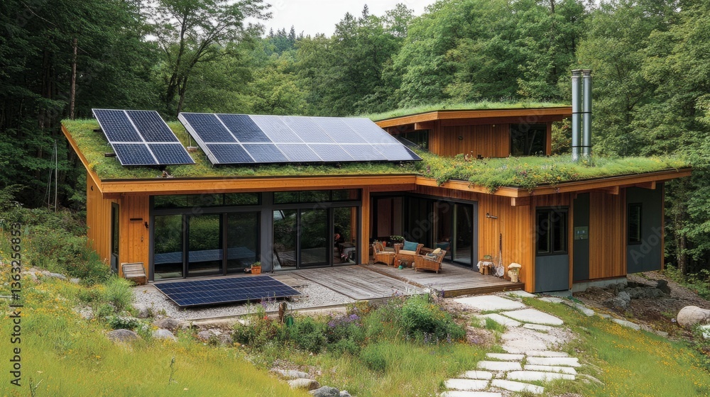 Self-sufficient smart home with solar panels, green roof, and a ...
