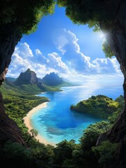 Wall Mural - Secluded Cove Tropical Paradise - Serene beach cove, vibrant turquoise water, lush green mountains, hidden cave view, peaceful escape. Symbolizes tranquility, adventure, nature, beauty, serenity