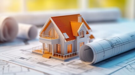 Wall Mural - 3d rendering project of new building model house on blueprint plan