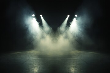 Wall Mural - Spotlights shine down on an empty concert stage, surrounded by smoke, with a plain background ideal for adding copy or other visual elements