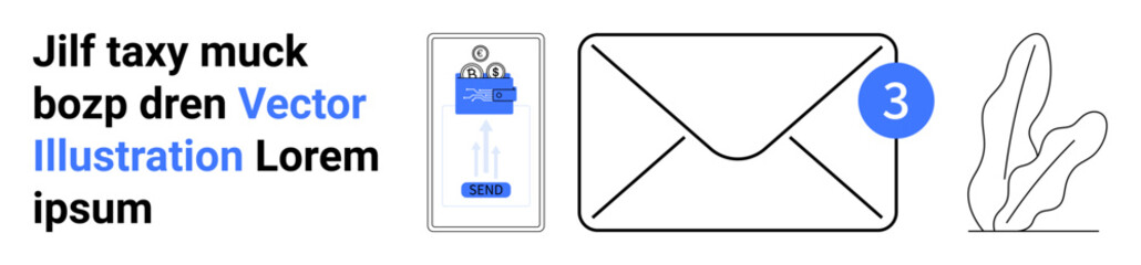 Envelope with a notification badge, smartphone displaying a login screen, decorative plant element. Ideal for communication, email, messaging, alerts, technology, productivity simple landing page