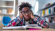 © Mirjana - A student sits at a desk in a library, visibly bored, tapping their fingers in frustration while looking at an open book, surrounded by shelves filled with books.