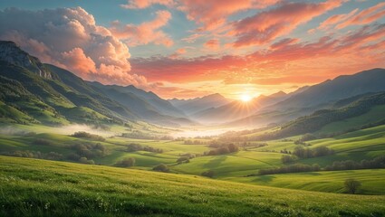 Wall Mural - sunset over mountains and valleys with vivid colors in the sky and lush greenery below during early 