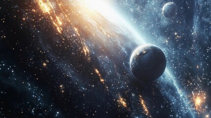 Wall Mural - a space scene with a planet and a star. the planet is surrounded by a lot of stars and the star is s