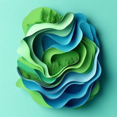 Aufkleber - Abstract Layered Landscape with Trees: A Playful Fusion of Green, Blue, and Nature's Serenity