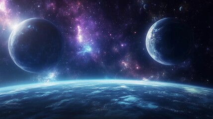 Wall Mural - two planets in space with a blue planet in the middle. the blue planet is surrounded by stars and th