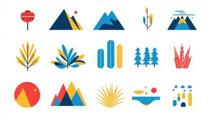 Colorful nature icons; mountains, plants, sun; white background; website design