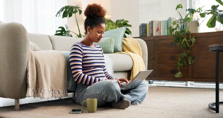 Poster - Studying, smile and woman with laptop, home and research for assignment in lounge, education and online. House, knowledge and planning for exam on website, university student and reading of info