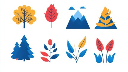 Autumn leaves, trees, mountains; nature icons; website design