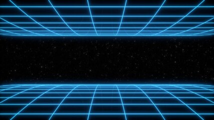 Wall Mural - synthwave animated background. 80s neon wireframe structure. retro future perspective grid. retrowav