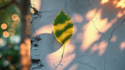 Wall Mural - bright green leaf casting shadows on a textured wall during golden hour in an urban setting