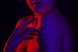 © Mirrorstudio - Female silhouette in red and blue lighting highlighting smooth skin